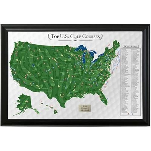Push Pin Travel Maps Customizable Wall Art - Top Golf Courses USA Map - Black Frame - Personalized Framed Pin Map, Includes 150 Pins - Handcrafted in USA - 27.5" x 39.5"