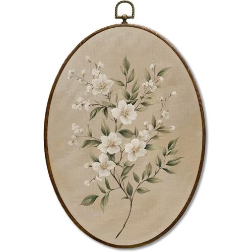 JQF Vintage Jasmine Floral Oval Wall Art, Rustic Cottagecore Botanical Floral Oval Canvas Wall Art, Retro Neutral Flower Framed Prints Hanging Decor for Home Bedroom Living Room, 8.5x11.5 Inch