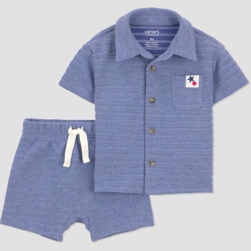 Carter's Just One You® Baby Boys' 2pc Striped Button-Down 4th of July Shirt and Shorts Set - Blue 6M