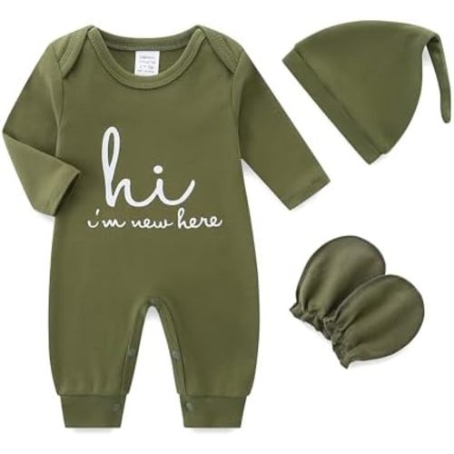 Newborn Baby Romper Cotton Coming Home Outfits Hi Im New Here with Hat Gloves Long Sleeve Solid Onesie