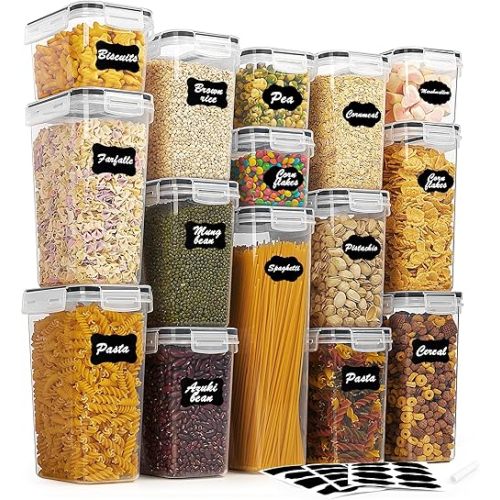 Vtopmart Airtight Food Storage Containers Set with Lids, 15pcs BPA Free Plastic Dry Food Canisters for Kitchen Pantry Organization and Storage, Dishwasher safe,Include 24 Labels, Black
