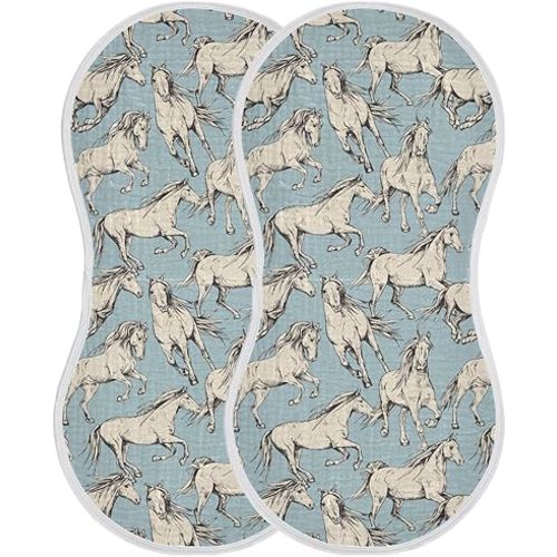 Muslin Burp Cloths for Baby Boys and Girls - 2-Pack Ultra Absorbent Beige Horses Muslin Washcloths, Newborn Towel, Milk Spit Up Rags, Burp Cloth Bib for Unisex, 22 x 11 Inch