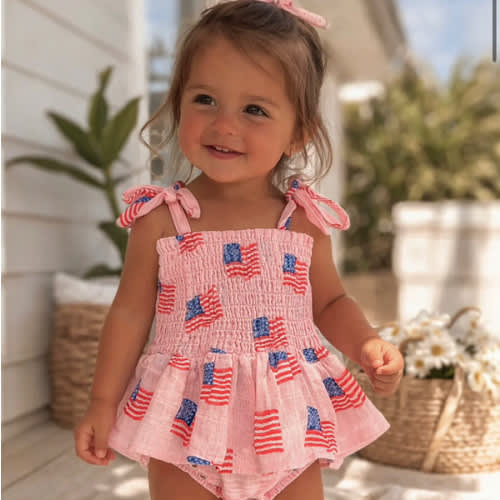 Muslin Smocked Bubble w/ Skirt, American Flag Pink – SpearmintLOVE