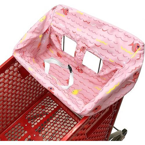 Portable Shopping Cart Cover, High Chair and Grocery Cart Covers for Babies, Kids, Infants & Toddlers, Attached Carry Bag (Simple Pink Fish)