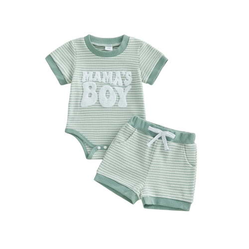 BemeyourBBs Infant Baby Boy Mama's Boy Outfit Newborn Boys Summer Clothes Waffle Knit Stripe Letter Embroidery Short Sleeve Romper Elastic Waist Shorts 2 Piece Set