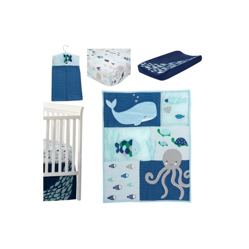 Oceania Whale with Octopus and Fish Nautical Ocean 6-Piece Nursery Baby Crib Bedding Set