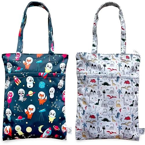 FLOCK THREE 2PCS Bundle Wet Dry Bag Waterproof Tote Reusable Wet Clothes Baby Diapers Stroller Swimsuit Travel Small Larger Electronics Toiletries Pouch Dinosaur and cute Animals