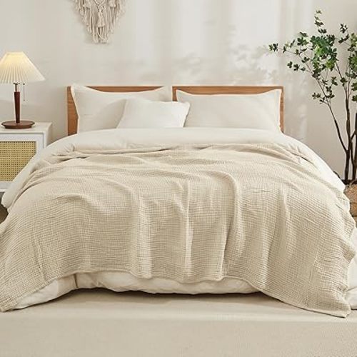 EMME Cotton Blanket Queen Size for Bed Soft Large Muslin Bed Blankets 90"x90" Lightweight Breathable Coverlet Bedspread All Season Gauze, Light Tan