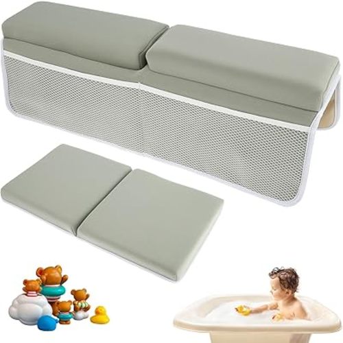 2Pcs Baby Bath Kneeler and Elbow Rest Pad Set, Comfortable Foam Bath Kneeling Pad, Anti-Slip Bath Tub Elbow Pad with 4 Organizer Pockets, Washable Non-Slip Baby Bath Cushion for Toddler Bathroom