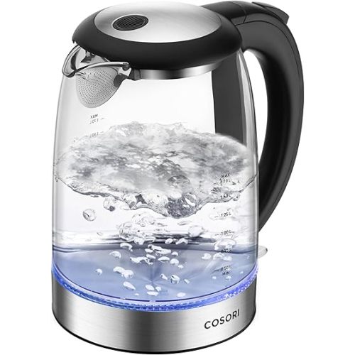 Cosori Electric Kettle, No Plastic Filter & Spout, 1.7L Tea Kettle & Hot Water Boiler For Coffee & Tea, Water Heater & Teapot, Automatic Shut Off, Borosilicate glass, Black, 1500W