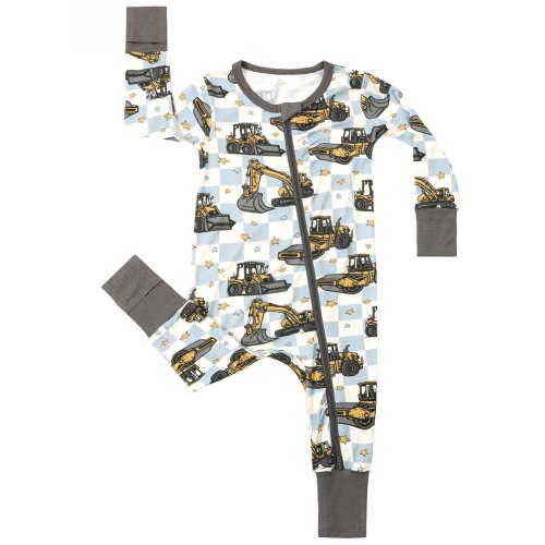 QEFJNO Bamboo Viscose Baby Boys One-Piece Footies Pajamas, Zipper Romper with Mitten, Footless Sleepers - Excavator