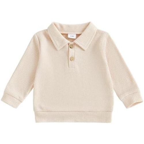 Toddler Baby Boy Long Sleeve Shirt Waffle Knit Fall Clothes Solid Color Polo Pullover Top Sweatshirt