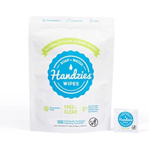 Handzies Natural Soap and Water Hand Wipes, Free and Clear, Individually Packaged Singles (100)