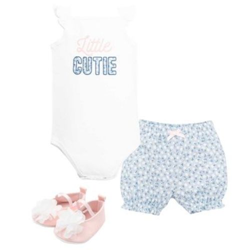 Hudson Baby Girl Cotton Bodysuit, Shorts and Shoe Set, Blue Ditsy Cutie, 9-12 Months