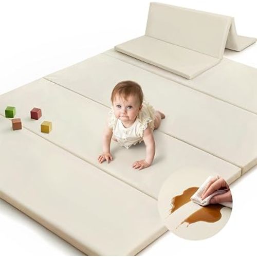SEPARO Foldable Baby Play Mat,Vegan Leather 71x59 Baby Mat for Floor,Beige