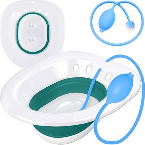 Pochik Sitz Bath for Toilet Seat Hemorrhoids and Postpartum Care, Yoni Steam Seat, Perineal Soaking, Collapsible, Flusher Hose, Drain Holes, Wider Seating Area - Green