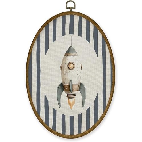 JMENGSSFL Vintage Spaceship Space Nursery Oval Wall Art Decor, Kids Room Canvas Prints, Blue Striped Rocket Framed Wall Art for Kids Baby Toddler Boy Nursery Room Playroom Bedroom Decor, 8.6x11.4 Inch