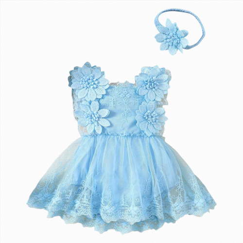 dmqupv Baby Girl Summer Outfit Baby Girl Tulle Dress Romper Short Sleeve Outfit with Headband Infant Clothes Set Sky Blue,0-3 Months