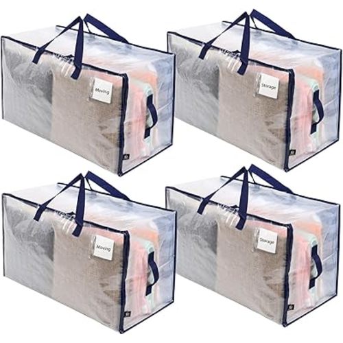 VENO 4 Pack Moving and Storage Bags, Heavy Duty, Alternative to Moving Boxes, Large Packing Totes Supplies for College Dorm Room with Zipper for Clothes, Wide Open Design (Clear, 4 Pack)