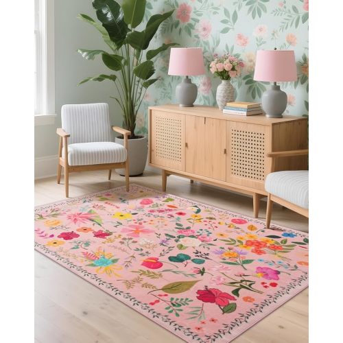 Boho Washable Area Rug 4x6 – Floral Low Pile Non-Slip Carpet for Living Room, Bedroom, Office, Playroom, Entryway, Kitchen, Dining Room (Pink)