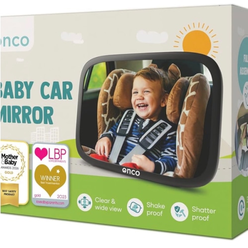 Onco Baby Car Mirror Rear Facing - Double Award-Winning Convex Car Mirror for Baby, 100% Shatterproof & Shakeproof with 360° Rotation, Newborn Essentials (9.6 x 6.9 in)