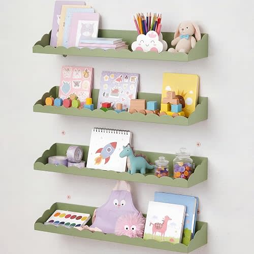 4 Pack Green Scalloped Nursery Book Shelves for Wall 17 Inch Room Floating Green Scalloped Nursery Bookshelves Wall Mounted Shelf for Room Bedroom Playroom Decor, Metal Material