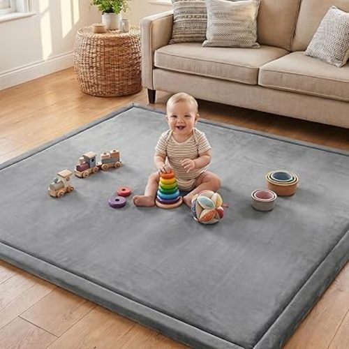 Ultra Soft Baby Play Mat for Floor, 1.3" Thick Memory Foam Tummy Time Mat, 50"x50" Non-Slip Playpen Mat, Baby Playroom Rug, Crawling Mat for Babies,Toddlers, Infants, Kids, Dark Grey