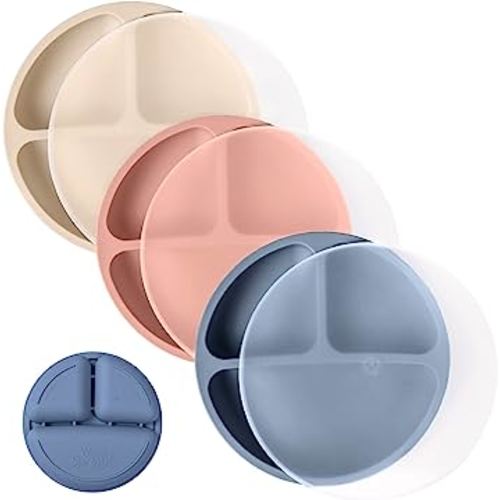 WeeSprout Silicone Plates with Lids for Babies & Toddlers (3 Pack) 100% Food-Grade Dishes for Self Feeding, Divided Design & Raised Edges for Picky Eaters, Dishwasher & Microwave Safe Weaning Supplies