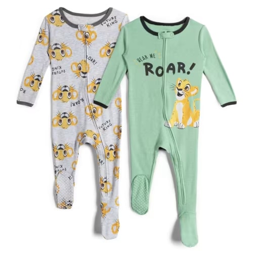 Disney Lion King Baby Boys' 2-Pack Zip-Up Cotton Blend Footed Sleeper Coveralls Simba Heather Green 0-3 Months