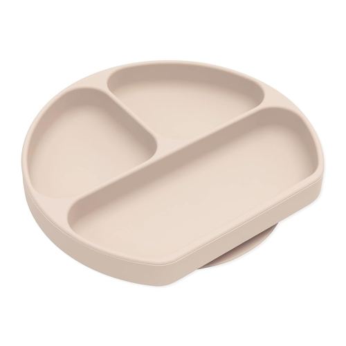 Bumkins Toddler and Baby Suction Plate, Silicone Divided Grip Dish, Babies and Kids, Baby Led Weaning, Children Feeding Supplies, Non Skid Sticky Bottom, Platinum Silicone, Ages 6 Months Up, Beige