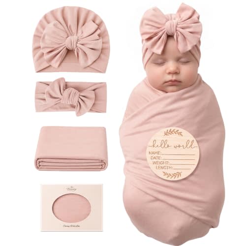 Konssy Baby Swaddle Blanket Set for Girl, 4-Piece Newborn Receiving Blanket | Soft & Stretchy, Matching Bow Hat, Headband and Wooden Sign, Floral & Solid, Newborn Photos and Birth Announcements (Pink)