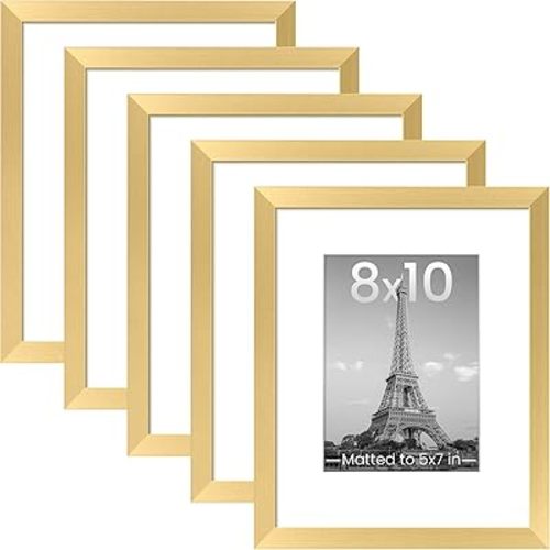 upsimples 8x10 Picture Frame Set of 5, Display Pictures 5x7 with Mat or 8 x 10 Without, Wall Gallery Photo Frames, Gold