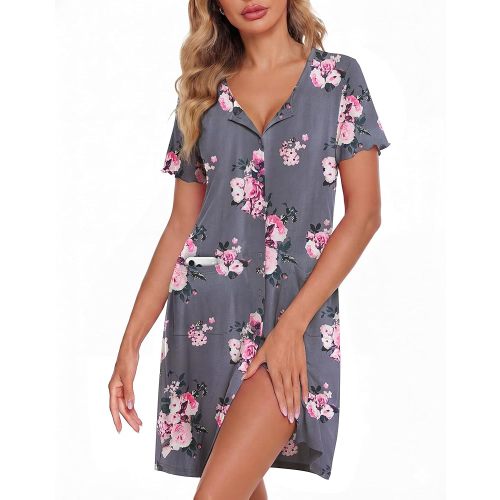 ZOOSIXX Nightgowns for Women - Short Sleeve Sleepwear Button Up Pajamas for Women V-Neck Sleepwear Dress with Pockets