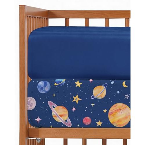 Baby Crib Sheets for Boys & Girls - Pack of 2 Fitted Microfiber Crib Sheets for Standard Crib & Toddler Mattress - Soft, Breathable & Wrinkle Free - Machine Washable, Oeko Tex - 52x28x8in - Planets