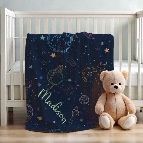 Solar System Blanket, Custom Baby Blanket, Moon Phases, Uranus Outer Space, Saturn Planets, Throw Blanket for Toddlers, Children's Room