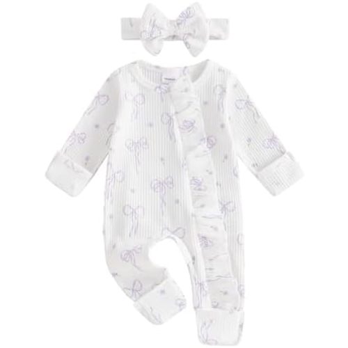 Newborn Baby Girl Fall Outfit Bow Print Long Sleeve Full Length Zipper Front Ribbed Jumpsuit Infant Clothes