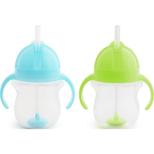 Munchkin Any Angle Sippy Cups for Toddlers, Spill Proof Weighted Straw Cup with Transition Handles for Babies 6 Months and Up, 2 Pack, Blue/Green