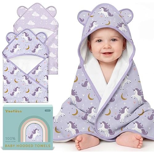 Yoofoss Hooded Baby Towels for Newborn 100% Organic Cotton Baby Bath Towel with Hood for Babies, Infant, Toddler and Kids, 32x32Inch, Soft and Absorbent Newborn Essential