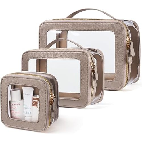 Clear Cosmetic Bag Set for Women Makeup Bag with Handle, 3 Pcs Travel Toiletry Bag Transparent Cosmetic Case Portable Make Up Organizer Bag for Essentials (Stone, Mini+S+L)