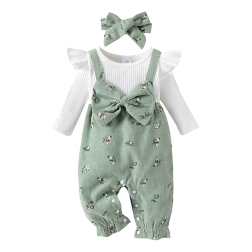 allshope Infant Baby Girl Fall Outfit Romper Floral Print Fake Two Pieces Patchwork Bow Jumpsuit Newborn Winter Clothes