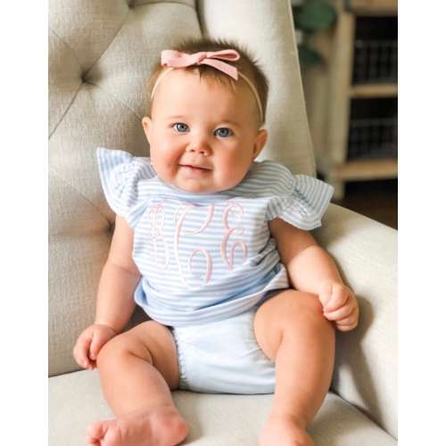 Baby girl outfit, monogrammed bloomer set, personalized baby shower gift, girls summer clothing, birthday gift, pima cotton, blue stripes