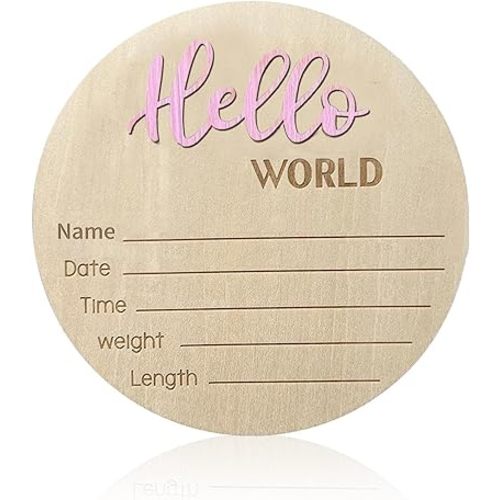 Baby Announcement Sign, 5.9 Inch Wooden Hello World Newborn Signs, Birth Announcement Sign, Baby Shower Hospital Nursery for Newborn Boys and Girls… (Light Pink)