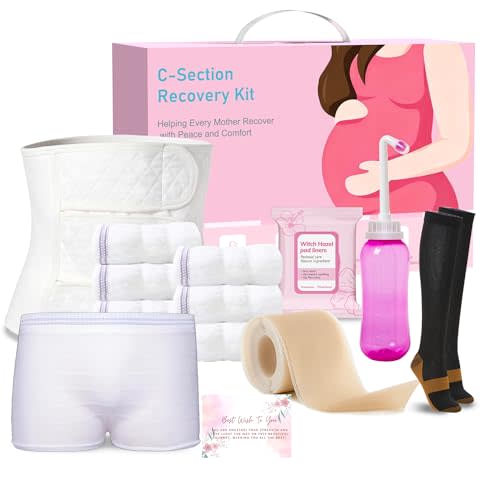 C Section Recovery Kit, Csection Postpartum Essentials | Peri Bottle,6 Disposable Mesh Underwears,Witch Hazel Pad Liners,Silicone Scar Patches, Abdominal Belly Binder,Socks,Card