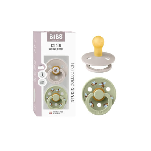 BIBS Colour Studio Soother 2-Pack, BPA Free Dummy Pacifier, Round Nipple. Natural Rubber Latex, Made in Denmark, Size 1 (0-6 Months), Mushroom/Sage