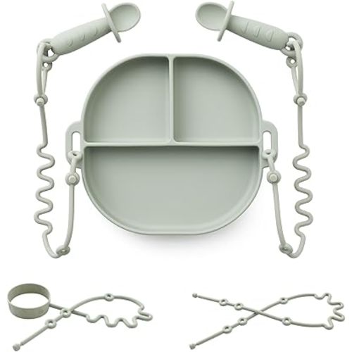 Andy Bear Silicone Plates for Babies with Suction Divided Baby Spoons Silicone Baby Toy Straps All-in-one Plates Silicone Placemat for Babies Toddlers Attachable Tethers & Built-in Suction Cups-Sage