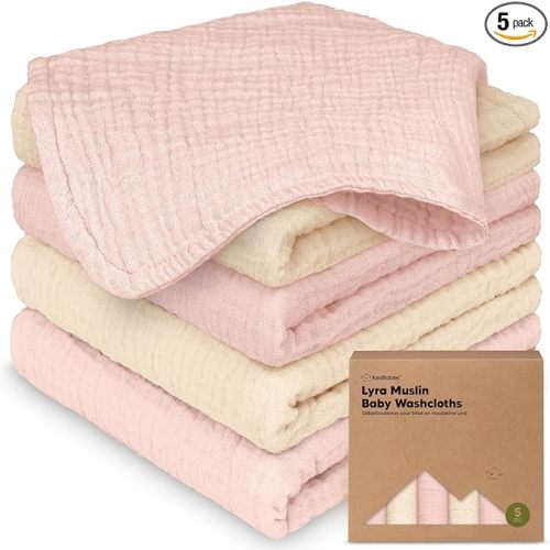 5pk Muslin Baby Washcloths for Newborn, 12x12 Soft Absorbent (Cameo) | Organic Cotton Muslin Wash Cloths for Babies Girl, Boy, Infant, Toddlers, Kids Face Towel,Bath Essentials,Baby Burp Rags