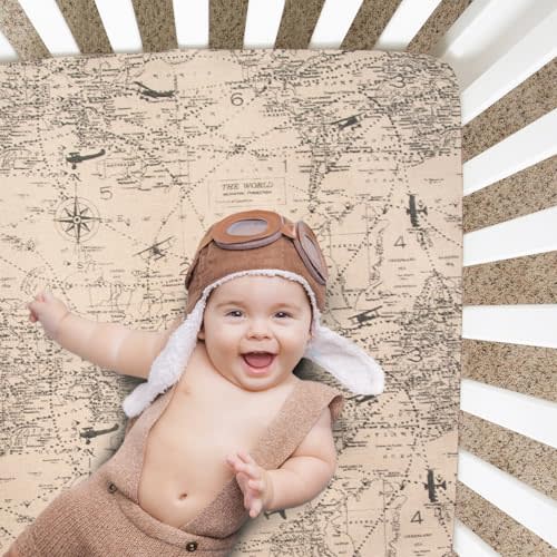 Fitted Crib Sheet – 100% Cotton Baby Sheet – Map Adventure Travel Airplane Theme – Neutral Vintage World Map Nursery Bedding – Machine Washable – For Baby Boy or Girl – Soft and Breathable