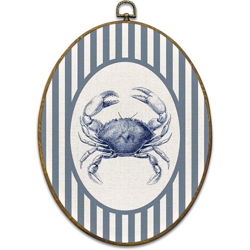 Mcehtle Coastal Beach Crab Wall Art Decor, Ocean Beach Nursery Framed Canvas Prints 8.6x11.4, Blue Striped Crab Ocean Oval Wall Hanging Artwork Decorations for Kids Nursery Room Bedroom Home