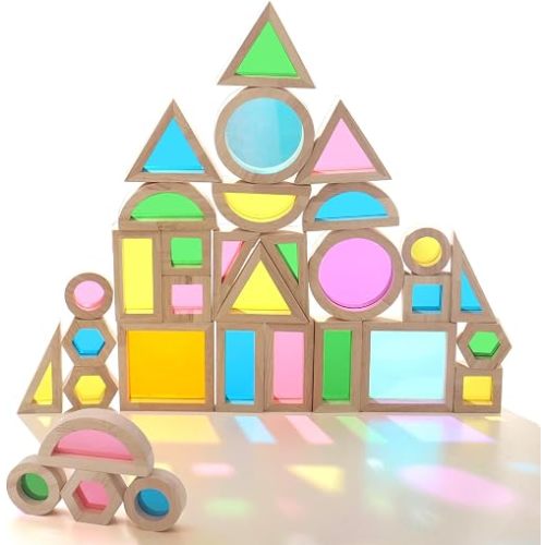 Dinhon 32-Piece Acrylic Rainbow Building Blocks Set for Kids - Colorful Stacking Blocks, Educational Toddler Puzzles, Preschool Learning Toys, Gifts for Ages 1 2 3 4 5 Boys and Girls