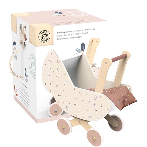 SPEEDY MONKEY Wooden Doll Stroller Pram | Pretend Play Push Toy for Toddlers | Kids’ Baby Doll Walker with Soft Bedding | Durable Role-Play Stroller for Imaginative Play & Nursery Decor